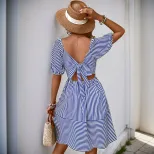 French Country Style Striped Dress Sweet Square Neck Puff Sleeves Lightweight Fabric Perfect for