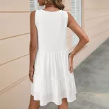 Bohemian White Sleeveless Dress Ethnic Style V Neck Tassel Detail Short Length Summer Beach Vaca