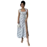 Sweet Floral Print Maxi Dress Square Neck Sleeveless High Slit Summer Casual Wear Wholesale Avai