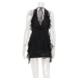 French Inspired Backless Halter Dress Ruffled Hem Asymmetrical Design Sexy Fit Perfect for Summe