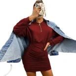 Womens Long Sleeve Knitted Dress Loose Fit Ruched Waist Bodycon Style Spring Summer Fashion Whol