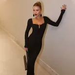 Womens Long Sleeve Bodycon Dress Solid Color Square Neck Slim Fit Elegant Style Perfect for Earl