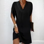 Womens Spring Summer V Neck Batwing Sleeve Dress Pleated Design Elegant Style Perfect for Casual