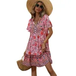 Bohemian Floral Print Maxi Dress V Neck Loose Fit Plus Size Casual Vacation Wear Wholesale Avail