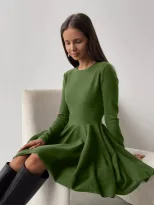 Knit Dress Round Neck Waist Defined Pleated Design Casual Chic for Everyday Wear Wholesale Avail