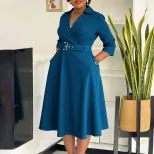 Plus Size Womens Dress Autumn Collection Stylish Lapel Design Solid Color Flared Skirt Wholesale