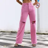 Fashionable Distressed Wide Leg Pants Loose Fit Straight Cut Spring Summer Style Wholesale Avail