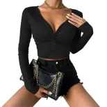 V Neck Long Sleeve T Shirt Slim Fit Minimalist Design Spring Summer Style Womens Casual Wear Who