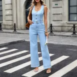 Womens Sexy Backless Denim Jumpsuit Stretch Fabric European and American Style Casual Wear Whole