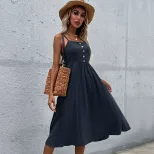 Summer Womens Casual Dress Slim Fit Solid Color Cotton Linen Blend Spaghetti Straps Perfect for
