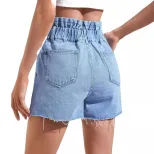 High Waisted Loose Fit Denim Shorts Frayed Hem Fashionable Style Womens Casual Wear Ready to Shi