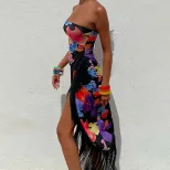 Summer Womens Strapless Dress Floral Print Fringe Hem Mid Length Beach Vacation Style Wholesale