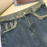 时尚百搭修身显瘦包臀裙女2023年新款简约毛边开叉牛仔半身裙女