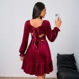 French Style Velvet Midi Dress Elegant Burgundy Color Spring Summer Collection Wholesale Availab