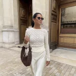Lace Hollow Out Top Pearl Button Split Design Fitted Bell Sleeve Elegant Casual Wear for Women W