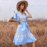 Womens A Line Dress with Tie Detail Short Sleeve V Neck Geometric Print Available in Blue and Pink Wholesale