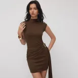 Knit Textured Bodycon Dress Solid Color Slim Fit Metal Button Detail Spring Fashion for Women Wh