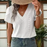 Casual Lace Trim V Neck Blouse Elegant Hollow Out Design Stylish Everyday Wear Wholesale Availab