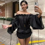 Off Shoulder Ruched Bodycon Dress Lantern Long Sleeves Sexy Fit Autumn Fashion Wholesale Availab
