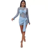 Womens Fashionable Lace Trimmed Bodycon Dress Round Neck Long Sleeve Spring Summer Style Wholesa