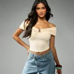 Womens Off Shoulder Short Sleeve Top Fashionable Metal Button Slim Fit Cropped Design Casual Wea