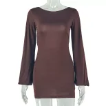 Fashionable Solid Color Bodycon Dress Long Sleeve Round Neck Backless Casual Wear for Women OEM