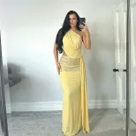 Sleeveless Sequin Trimmed Dress Sexy Backless Design Asymmetrical Neckline Solid Color Spring Fa