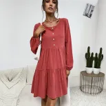 Loose Fit Long Sleeve Dress Cotton Linen Blend Pleated Design Vibrant Red Casual Wear for Spring