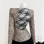 Leopard Print Long Sleeve T Shirt Slim Fit Square Neck Trendy Design Casual Wear for Women Ready