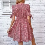 V Neck Floral Print Short Split Dress Summer Style Womens Casual Wear Wholesale Available privat