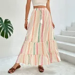 Bohemian Striped Print Skirt Summer Vacation Style Drawstring Tassel Details Lightweight Fabric
