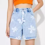 Loose Fit Floral Print Denim Shorts Womens Casual Summer Wear Stylish and Comfortable Wholesale