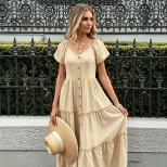 French Style V Neck Short Sleeve Cake Dress Slim Fit Waist Defining Lightweight Fabric Summer Va