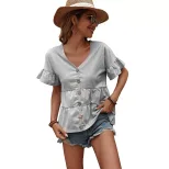 Casual Loose V Neck T Shirt Ruffle Sleeve Solid Color Trendy Style Perfect for Vacation Wear Who