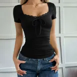 Lace Short Sleeve Top Square Neck Slim Fit Adjustable Tie Design Versatile Summer T Shirt Wholes