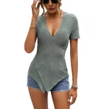 Womens V Neck Short Sleeve T Shirt Fashionable Solid Color Casual Wear for Summer Wholesale Avai