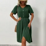 Summer Womens Dress V Neck Waist Defined Solid Color Side Slit Casual or Party Wear Wholesale Av