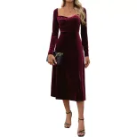 Vintage Style Red Velvet Evening Dress with Square Neckline and Side Slit for Women Wholesale Low MOQ