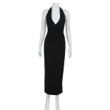 Womens Summer Elegant V Neck Halter Dress Slim Fit Solid Color Backless Design Perfect for Parti