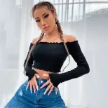 Womens Street Style Knit Crop Top Off Shoulder Long Sleeve Casual Trendy Design Perfect for Ever
