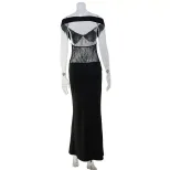 Black Lace Panel Bodycon Dress Off Shoulder Slim Fit Elegant Style Perfect for Parties and Speci