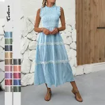 Summer Sleeveless Dress Sweet Lace Trim Striped Pattern Casual Style Perfect for Warm Weather Oc