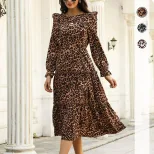 Vintage Leopard Print Ruffle Sleeve Long Sleeve Dress for Women in Apricot Autumn Winter Wholesale low MOQ