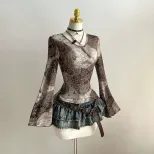 Slim Fit Floral Print V Neck Long Sleeve Dress Bell Sleeve Sexy Style Perfect for Parties Ready