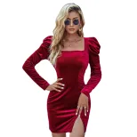 Velvet Long Sleeve A Line Dress Slim Fit Square Neck Split Hem Lantern Sleeves Autumn Winter Occ