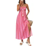 Bohemian Geometric Print Maxi Dress Halter Neck Side Slit Vacation Style Wholesale Available