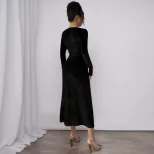 Black Velvet Long Dress Square Neck Side Waist Pleats Slim Fit Spring Summer Elegant for Dates a