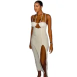 Bodycon Halter Dress Solid Color Asymmetrical Hem High Slit Chic Evening Wear for Women Wholesal
