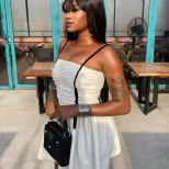 Black and White Color Block A Line Dress Ruffled Strapless Fashionable Minimalist Style Perfect