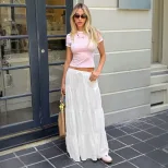White Ruffled Drawstring Maxi Skirt Sweet Style Flowy Design Summer Wear Wholesale Womens Fashio